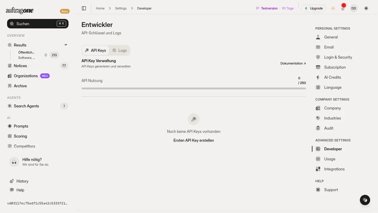 Entwicklereinstellungen mit API-Key-Verwaltung