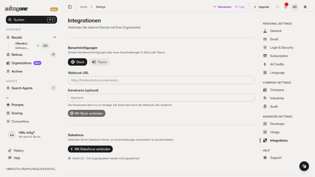 Integrationen in den Auftrag-One-Einstellungen