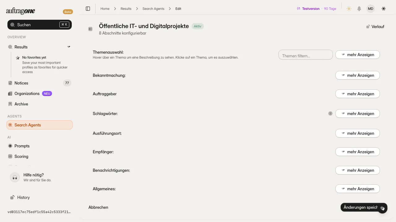 Einstellungen eines Suchagenten