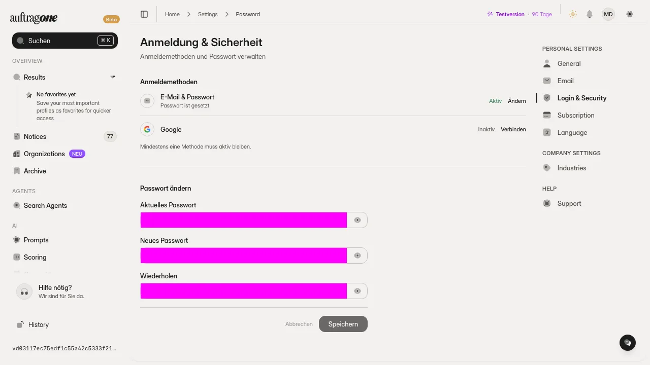 Anmeldung und Sicherheit